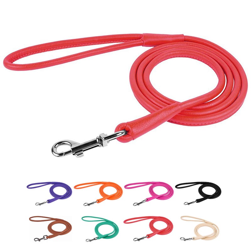 CollarDirect Rolled Leather Dog Leash 4ft, Soft Padded Training Leather Dog Lead 6ft, Puppy Leash Rolled Leather Small Medium Large Black Blue Red Orange Green Pink White (Red, Size S 6ft) - Image 1